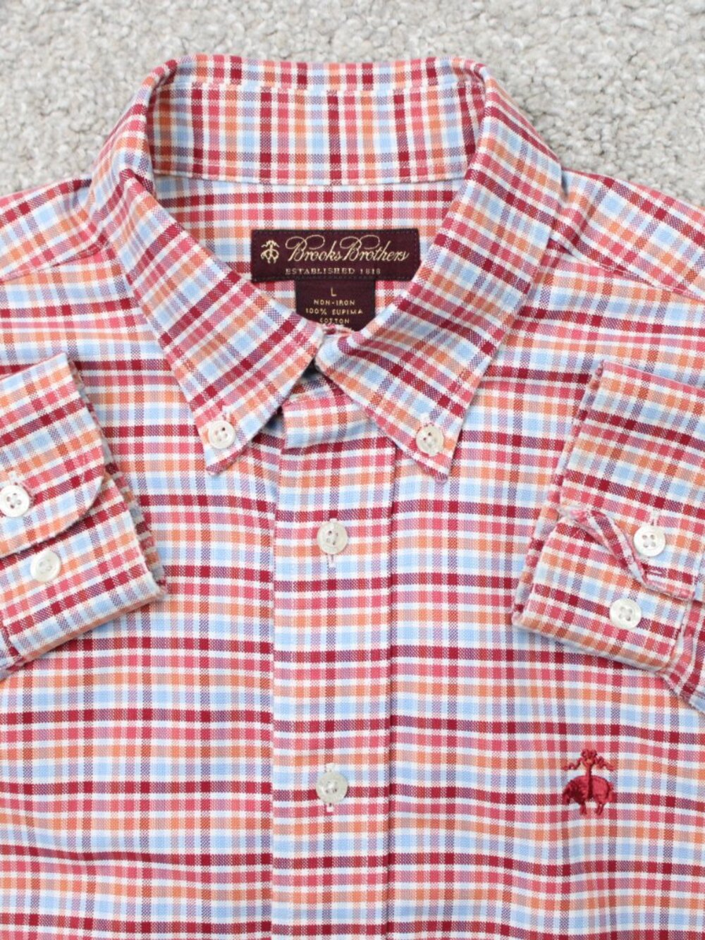 Brooks Brothers Shirt Mens Large Red/Orange Plaid Non-Iron Supima Cotton L/S